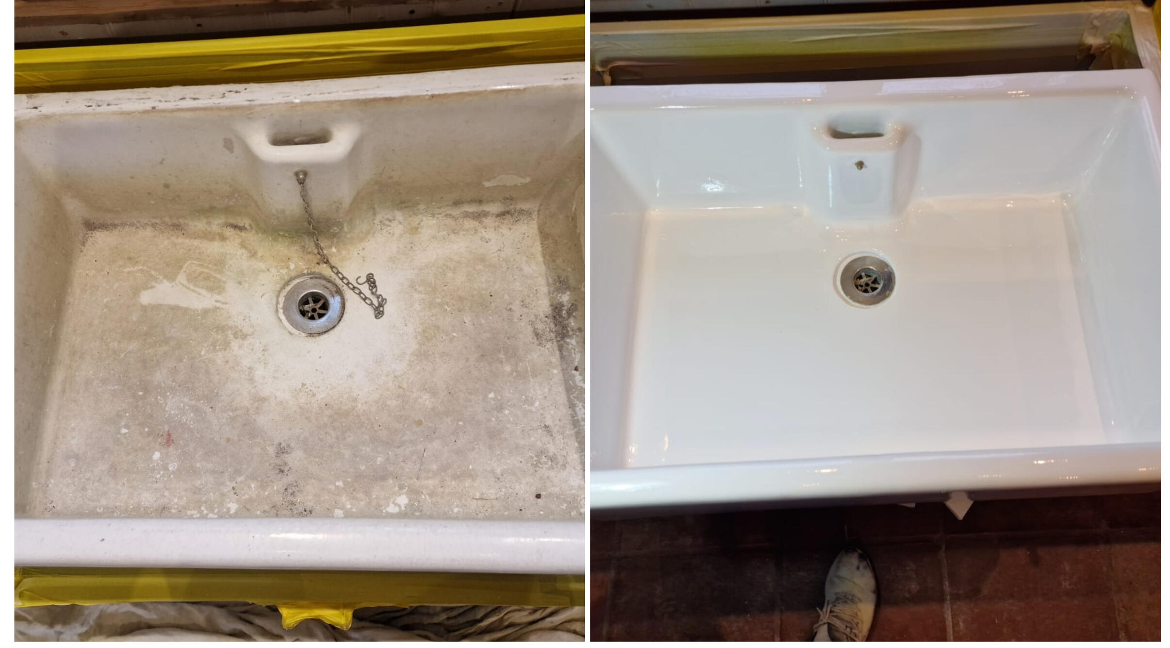 BELFAST KITCHEN SINK RESTORED IN Winchester BEFORE AND AFTER PHOTOS OF A KITCHEN CERAMIC BELFAST SINK, WAS DAMAGED AND FULL OF CHIPS, FULLY RESORED TO A LIKE NEW FINISH IN Winchester