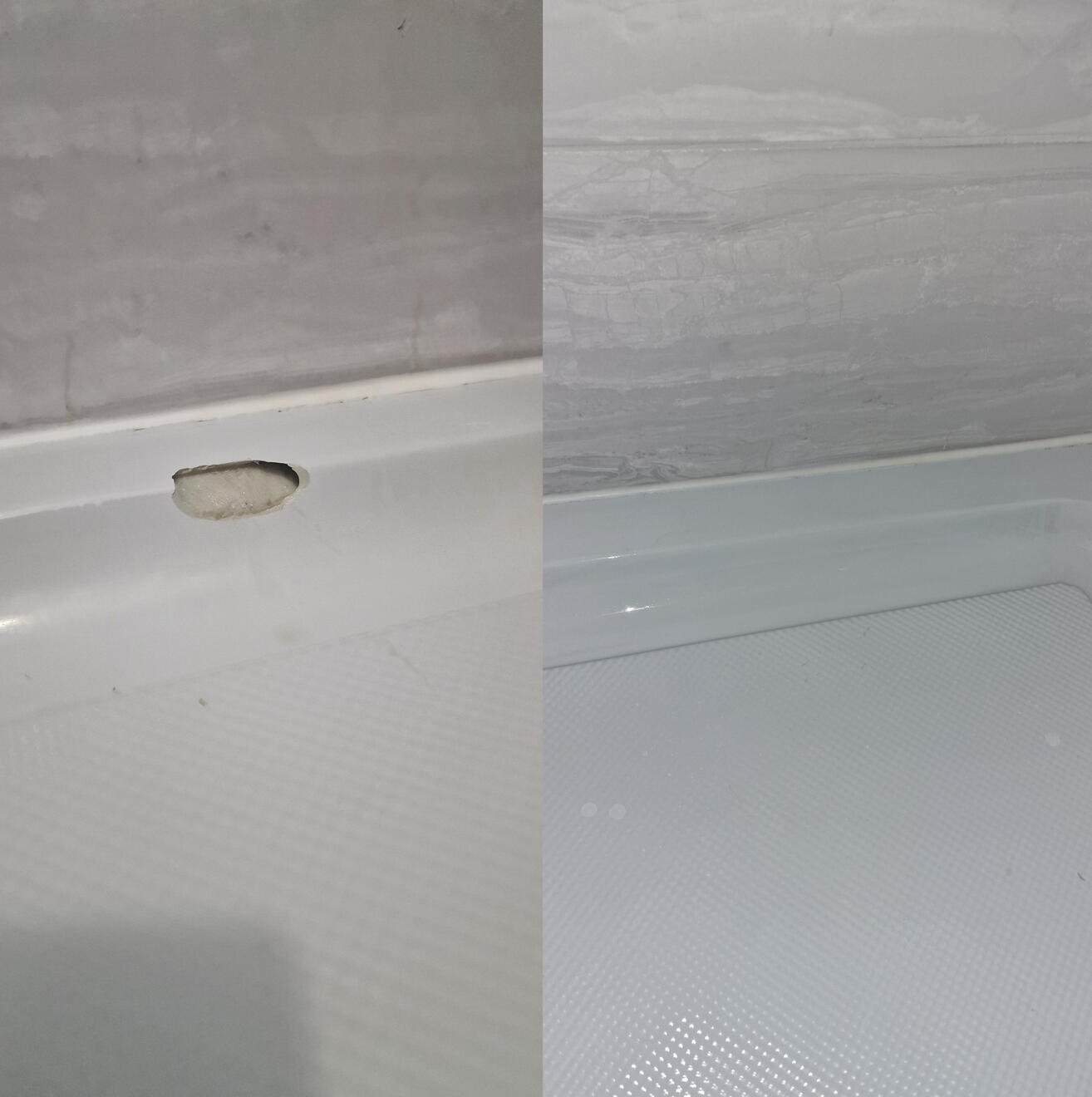 BEFORE AND AFTER PICTURES OF A STONE RESIN SHOWER TRAY CHIP REPAIR Before and after pictures of a shower Tray repair in Winchester