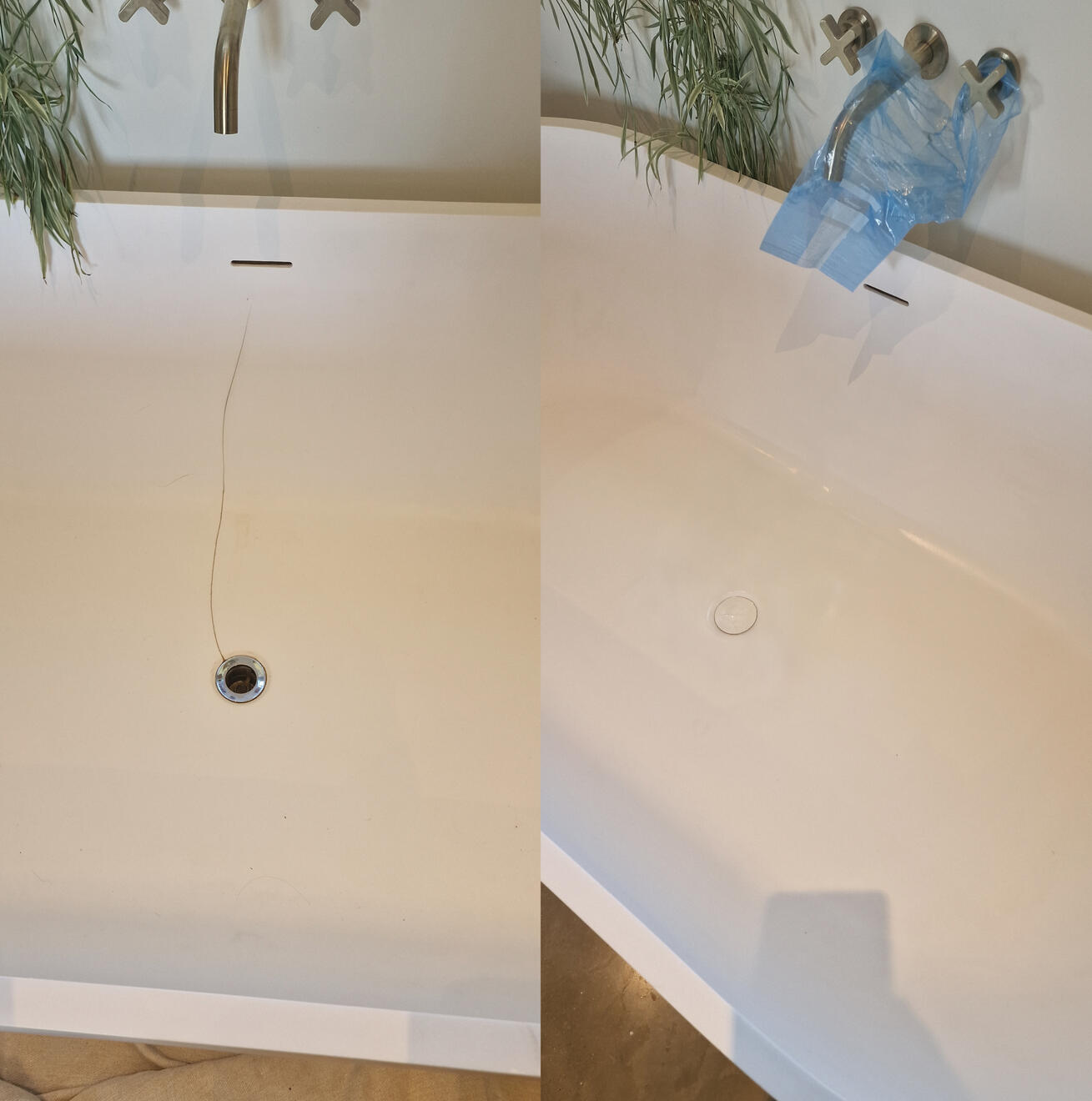 before and after pictures of a stone resin acrylic bath crack repair Reinforced stone resin bath crack repair in Winchester