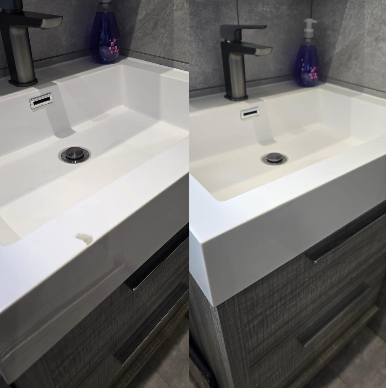 BEFORE AND AFTER PICTURES OF A COMPOSITE BATHROOM BASIN CHIP REPAIR Before and after composite bathroom basin chip repair in Winchester