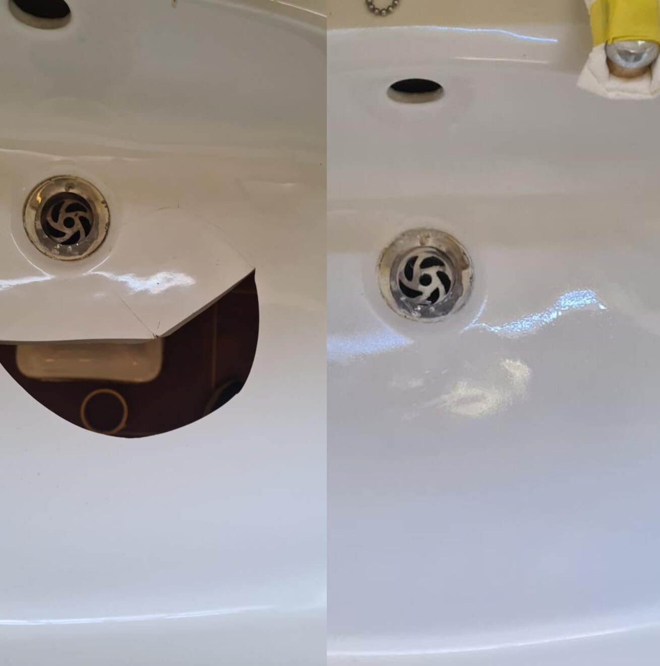 before and after pictures of a ceramic sink crack repair Before and after ceramic sink crack repair in Winchester