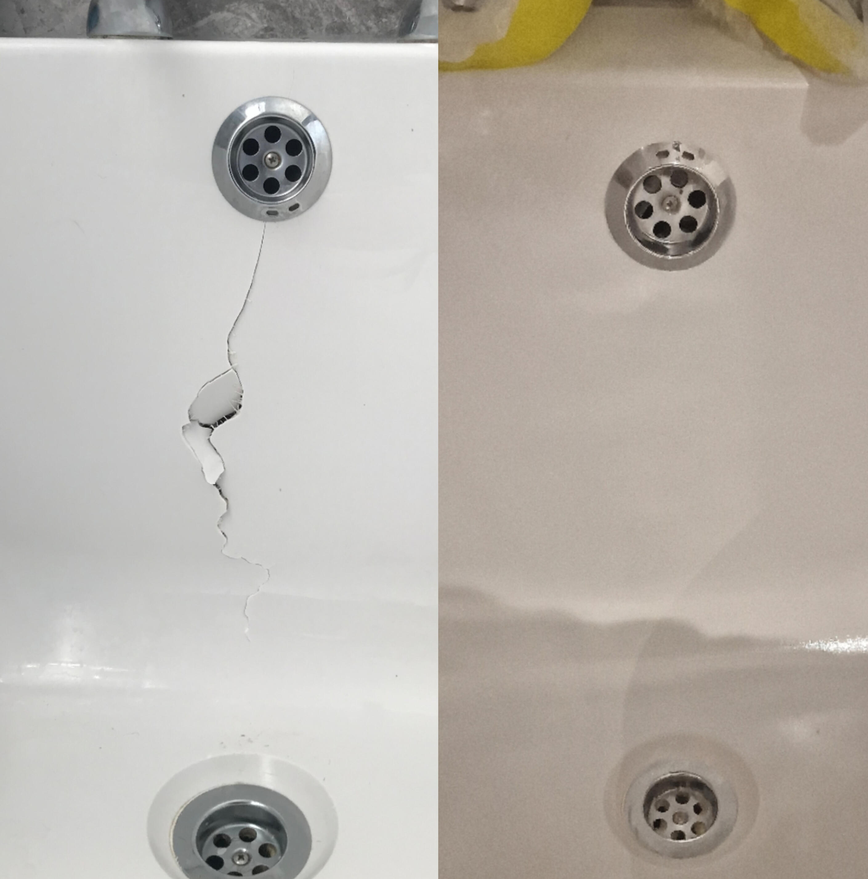 Acrylic Bath Crack Repair Before & After photos of an Acrylic Bath Crack Repair in Winchester