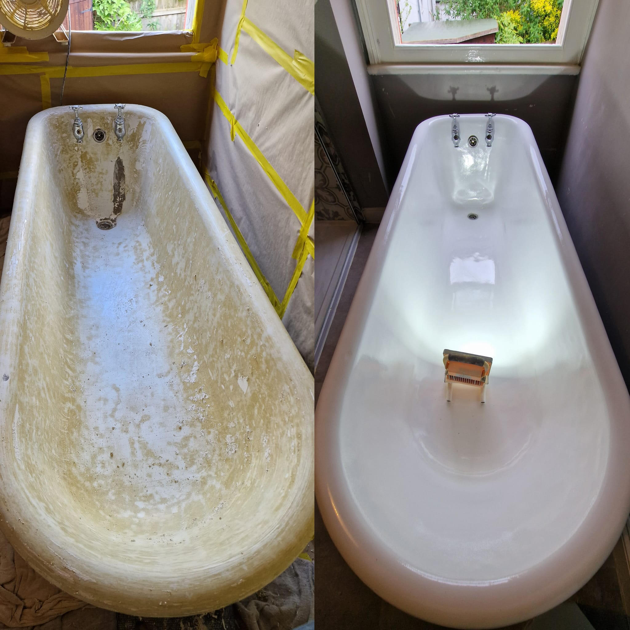 PICTURE OF A BEFORE AND AFTER OF A ROLL TOP CAST IRON BATH Before and after roll top cast iron bath re-enamelling in Kingsworthy, Winchester